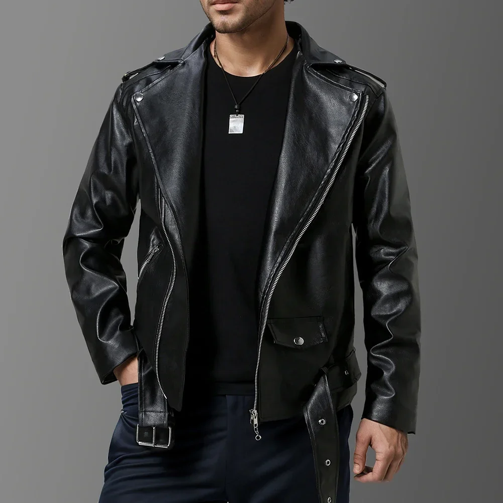 

Biker Zip Coat Imitation Leather Jacket Collared Coat Fall Winter Fashion Men's Casual Wear Regular Length Coat
