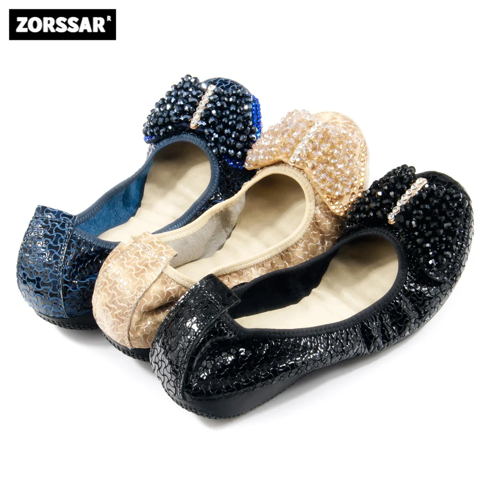 Women's Egg Roll Shoes Genuine Leather Mother Shoes Flats Rhinestone Bowtie Round Toe Slip-on Ballet Flat Shoes Plus Size