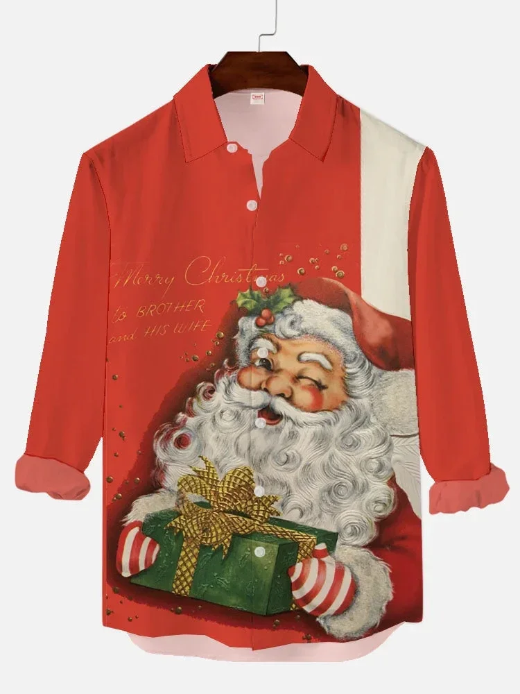 

New Year Christmas Casual Men's Button Up Shirt Long Sleeve Christmas Themed Shirt Lapel Red 3D Printed Holiday Party Outfit