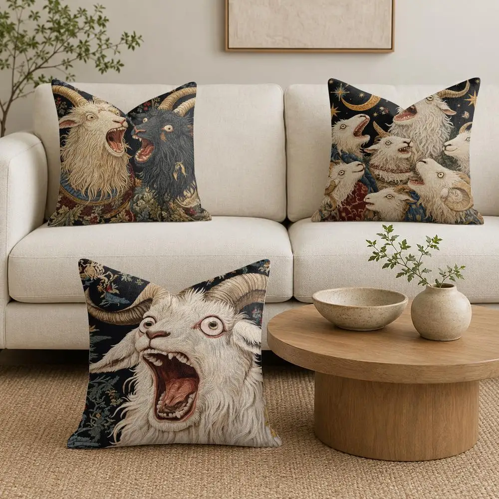 Medieval Goat Tapestry Cushion Cover Natural Linen Organic Fabric Double-Sided Printing Sofa Home Decor Gift Pillow Cover