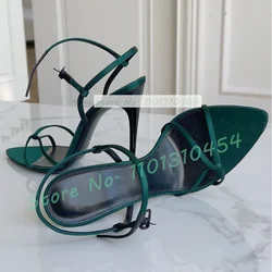 Green Luxury Cross Strap Satin Sandals Women Classy Open Pointy Toe Stiletto High Heels Sandals Ladies Ankle Strap Party Shoes