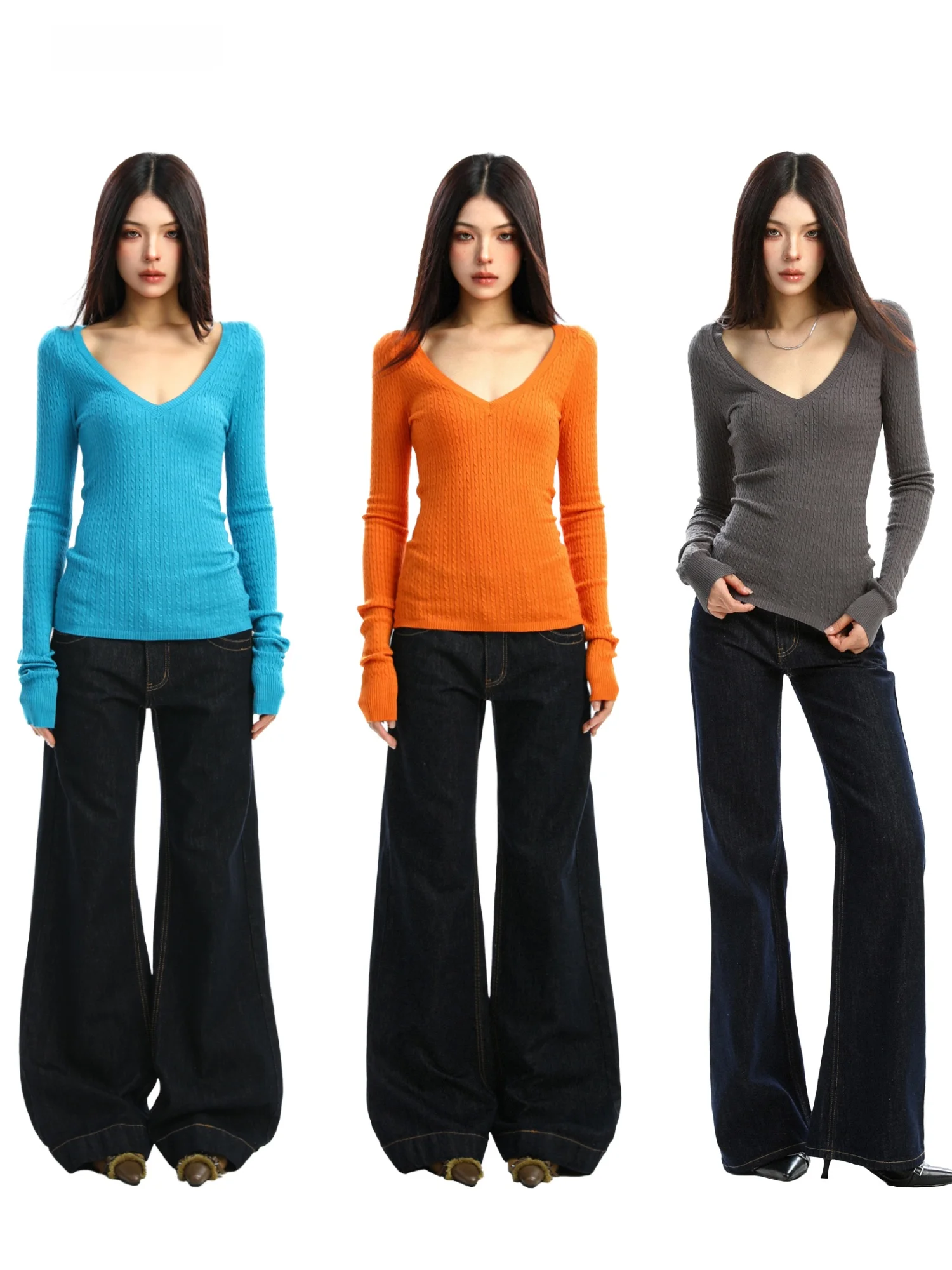 

Женский облегающий вязаный топ с длинным рукавом и V-образным вырезом, однотонный, с узором «косы», сексуальный, осенний, модный, для повседневной носки