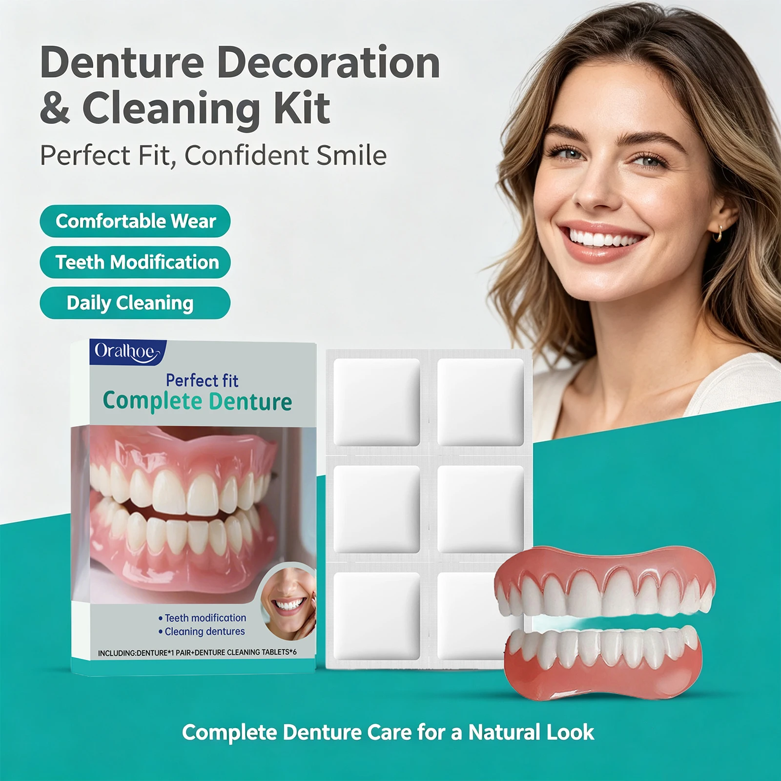 Cosmetic Complete Denture Kit with Denture Cleaning Tablets for Covering Missing Stained Teeth Upper & Lower Cosmetic Dentures