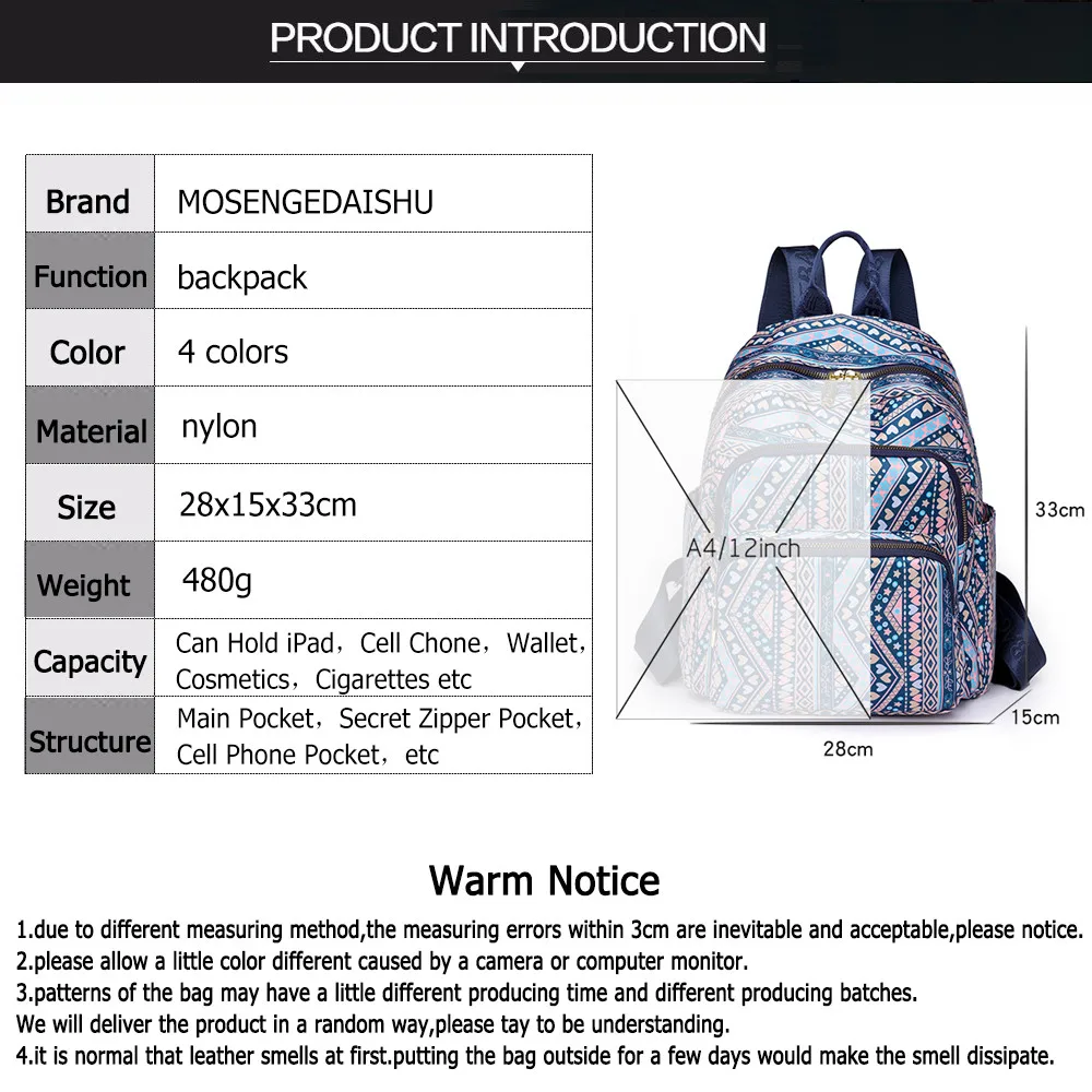 Mochila de viaje informal de gran capacidad para mujer, bolso de hombro con estampado Simple, bolsa de tela de nailon de calidad