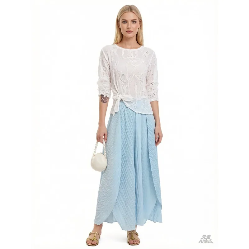 

Комплект Miyake Pleated 2026: Новинка Весны, Элитный Корейский Стиль, Нежный Дизайн, Приталенный Топ и Свободная Юбка с Высокой Талией и Дизайном «Цветочный Бутон»