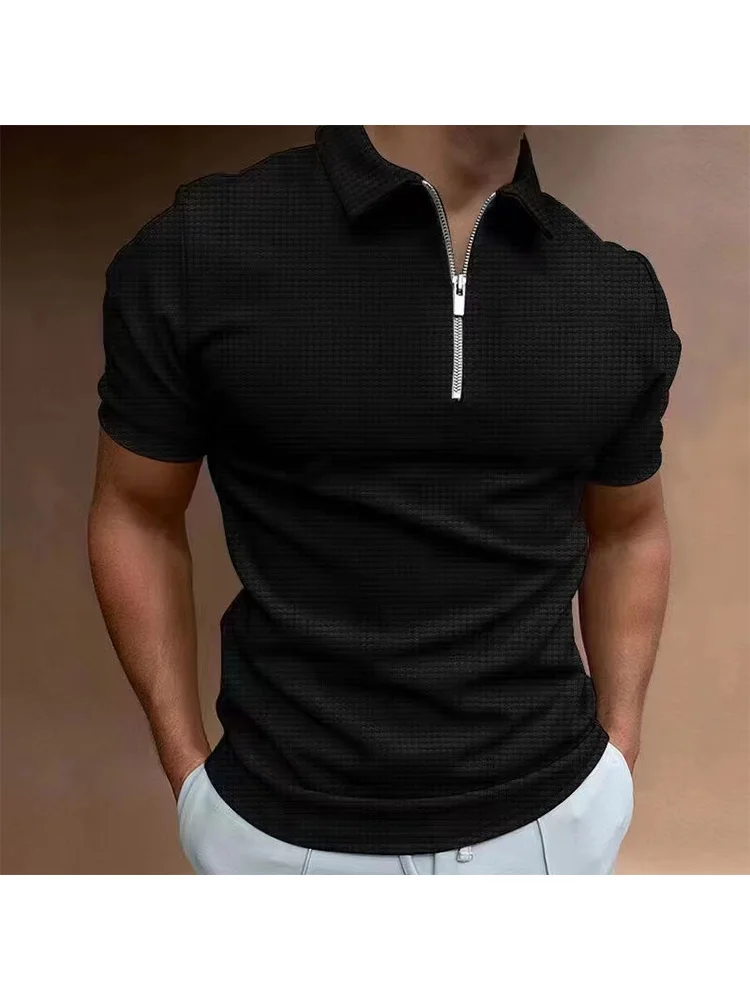 Hommes zip Waffle polo couleur unie t - shirt manches courtes chemise Casual Slim Summer 2023 jogging Fitness Jersey