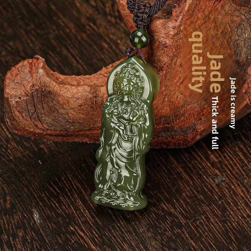 Natural Hetian Jade 3d Carved Standing Ruyi Lotus Guanyin Pendant Chinese Traditional Lucky Blessing Protection Amulet Feng Shui