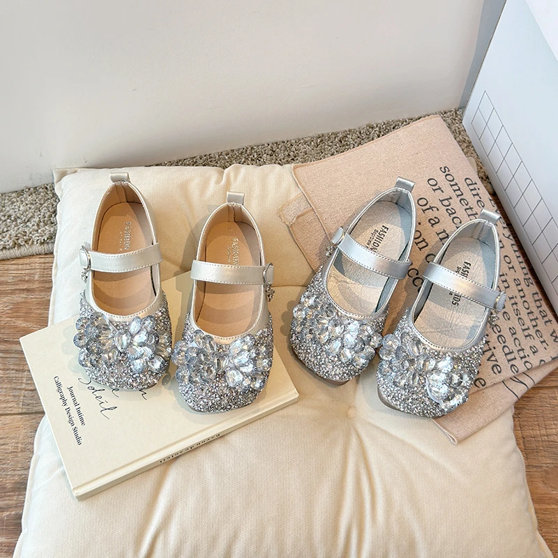 

Luxury Girls Party Shoes Spring Autumn Sequins Kids Causal Princess Leather Shoes Versatile Rhinestone Children Flats Hook Loop
