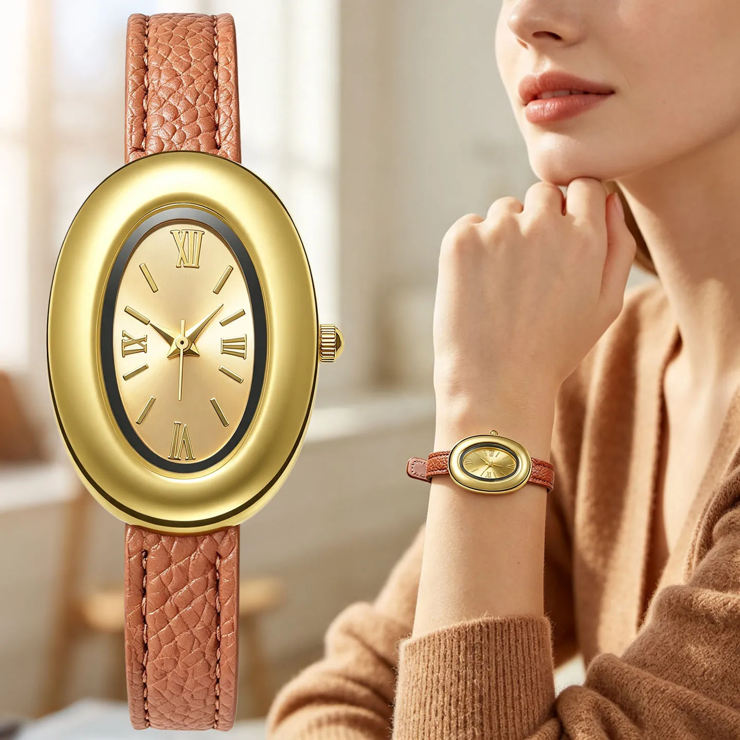 Fashion Women Business Casual Oval PU Leather Quartz Watches Anniversary Gift