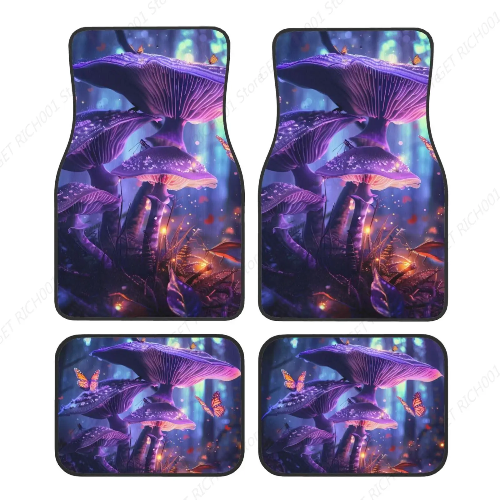 Purple Mushrooms Forest Butterflies Carpet Floor Mats for Cars Auto Accessories Front Rear Car Floor Mats Funny Sets of 4 Pieces