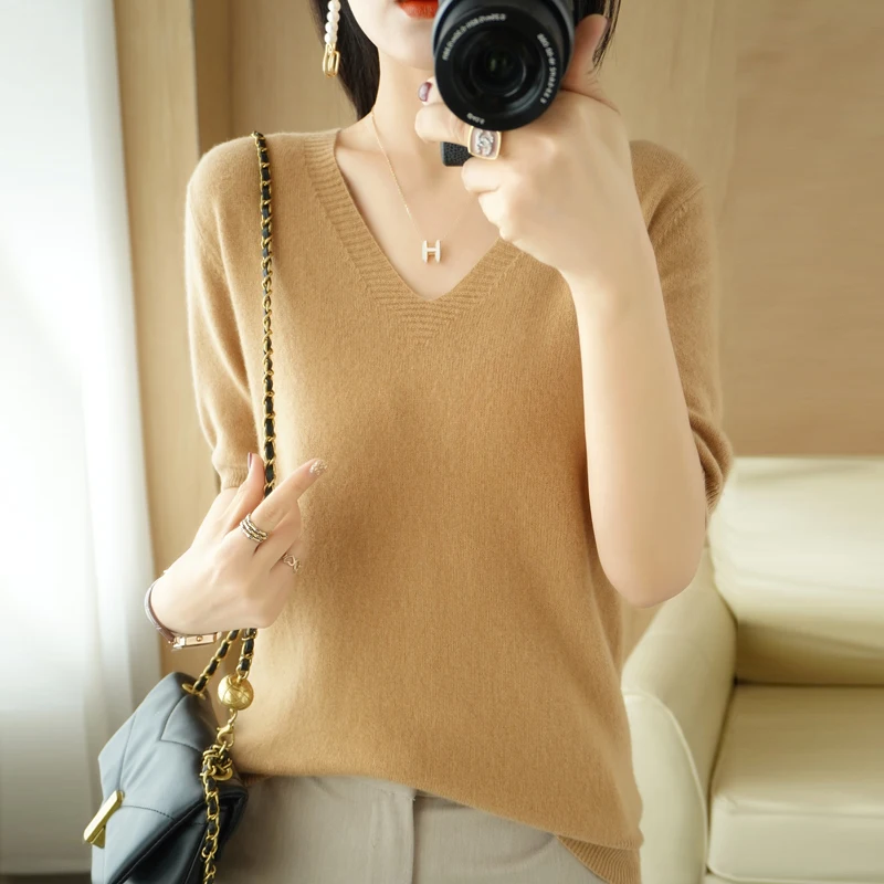 Женский свитер Camere с v-образным вырезом, весна-лето, новый однотонный трикотажный ор Све, внутренняя одежда, шерстяная трикотажная основа большого размера...