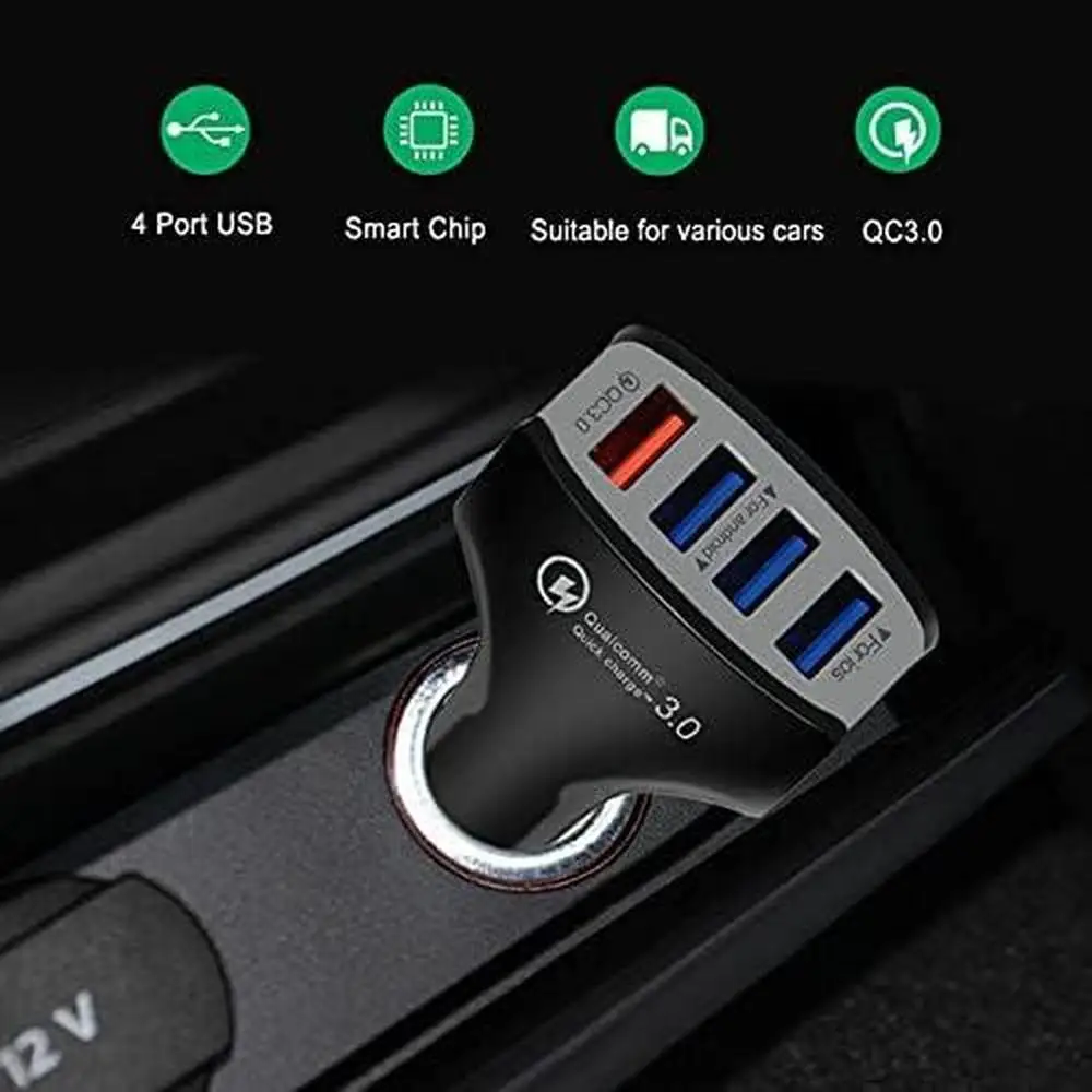 5V 3A Car Charger with 4 USB Ports and QC3.0 Type-C Fast Charging Port  Car Charger Safety Protection Universal