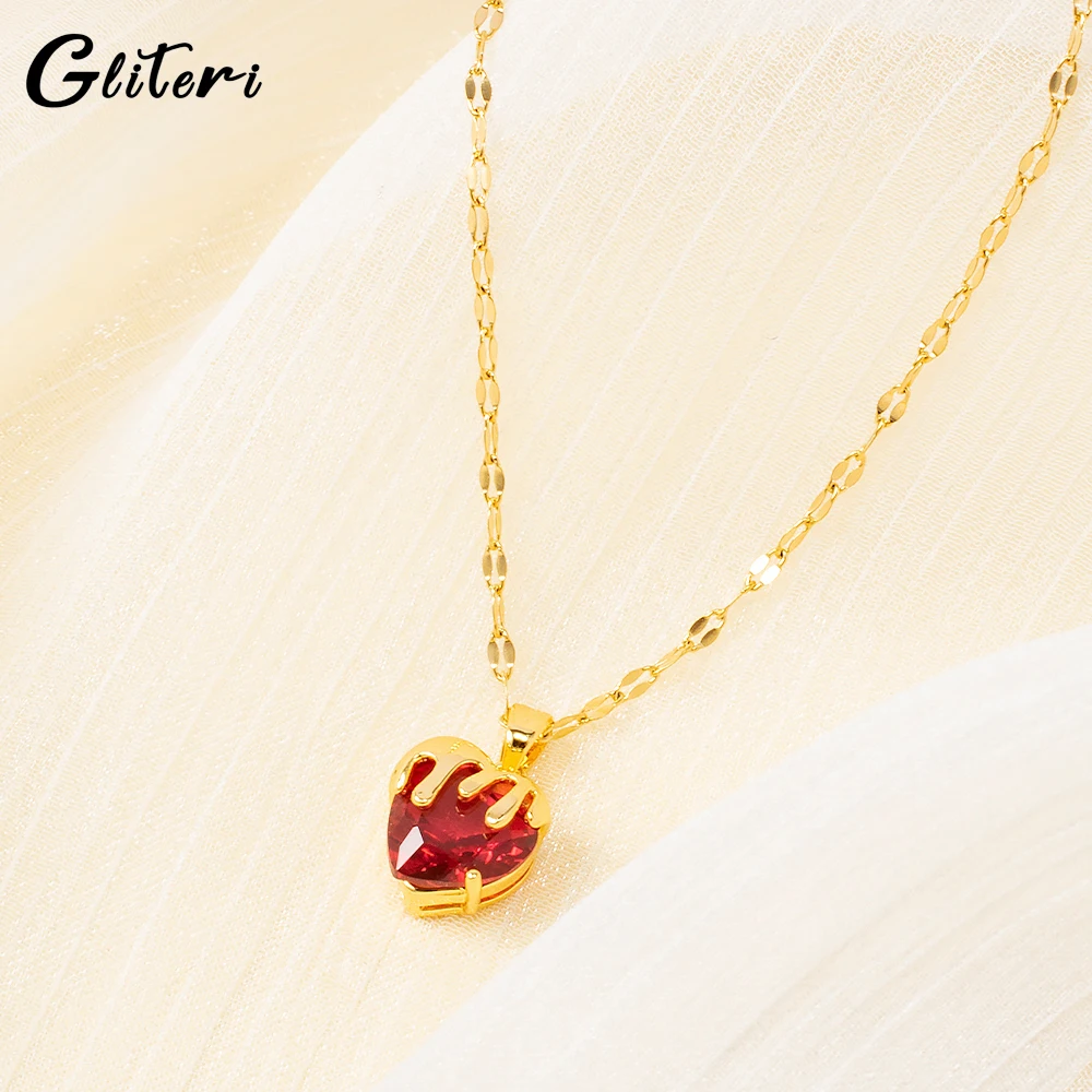 GEITERI INS Style Red Heart Pendant Necklaces For Women Girls Gold Color Chain Love Clavicular Chain Choker Charm Jewelry Party