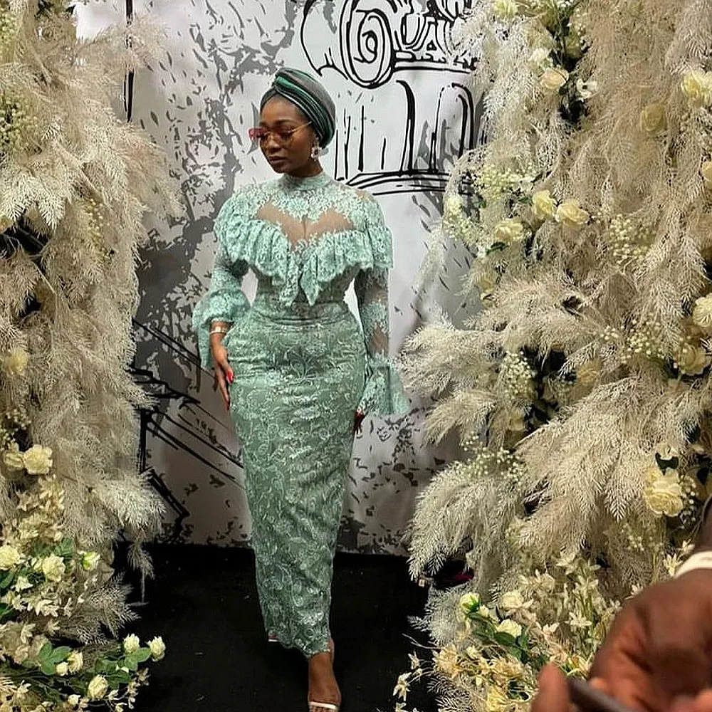 Green Lace Mermaid Evening Dresses With High Neck Long Sleeves Prom Gowns Back Slit  African Women Wedding Reception Dress