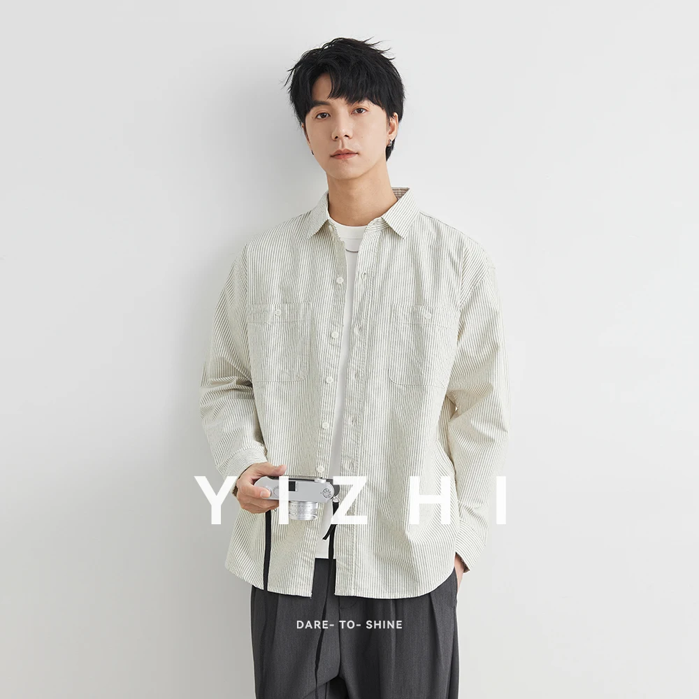 100% Cotton Men's Workwear Long Sleeve Shirt Jacket Autumn New Lapel Loose Striped Single-Breasted Button Top Jacket Male Shirt