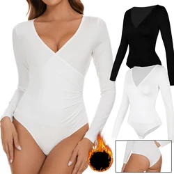 Belly Cross Bodysuit Women Deep V-neck Sexy Briefs Jumpsuit Long Sleeve Autumn Winter Warm Clothes Female 2024 Skinny Tunic Tops