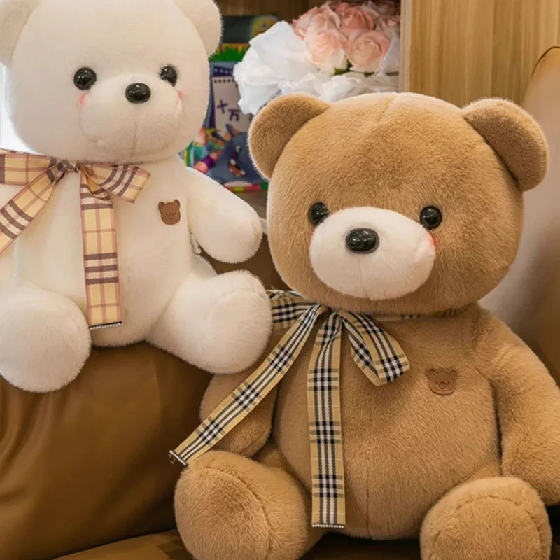 Cute Plaid Bow Teddy Bear Plush Toy Soft Fluffy Stuffed Animal Doll Kawaii Bear Ornament Home Decoration Gift for Friends Daily