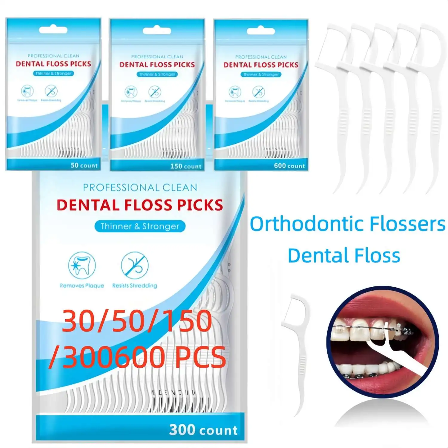 

Orthodontic Flossers for Braces, Ortho Dental Floss Picks, Sterile Plastic Toothpicks, Interdental Oral Hygiene Care for Dentist