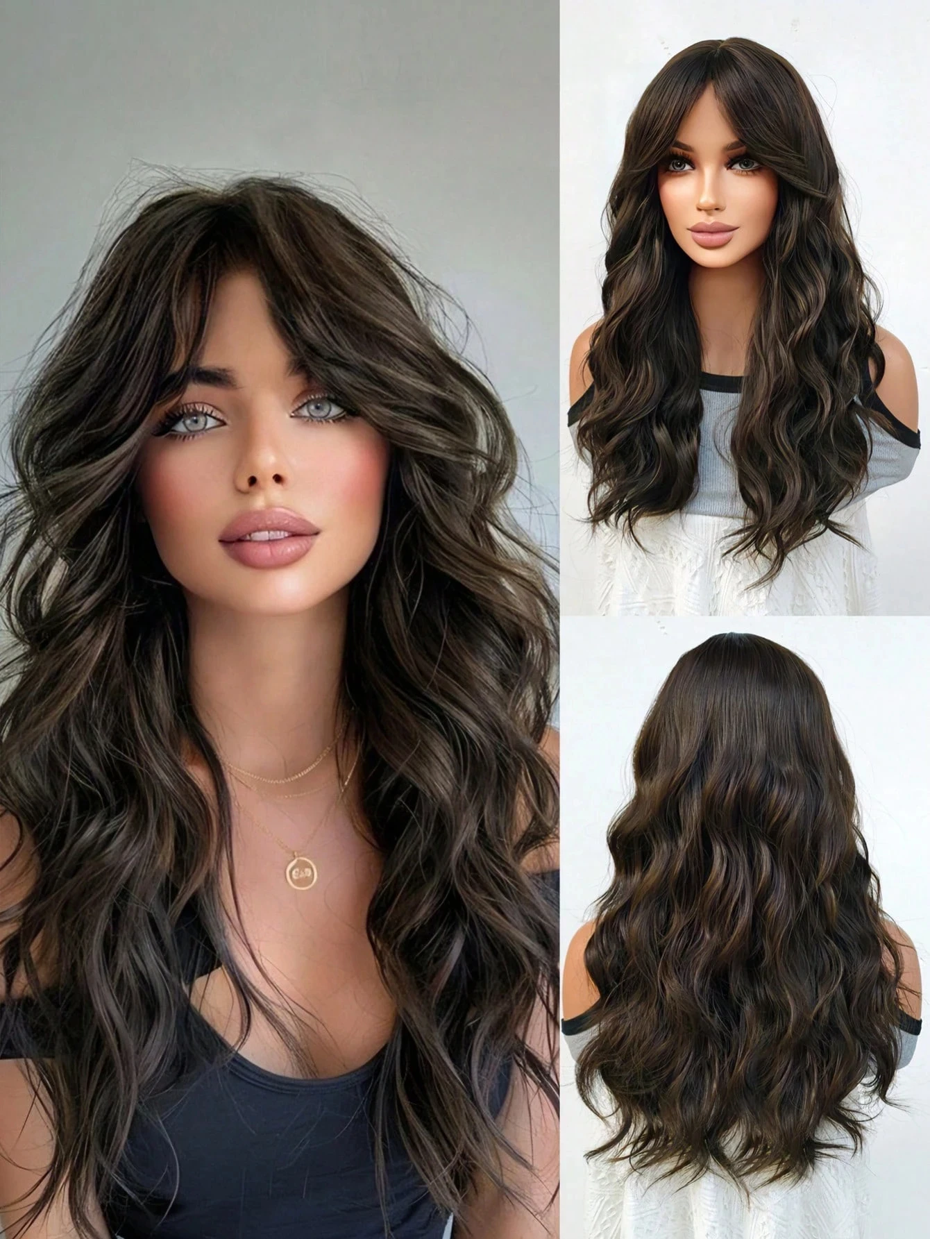 

Черно-коричневый вьющийся парик с челкой, длинный волнистый парик подходит для женщин - естественный синтетический парик, парик для повседневного использования для косплей-вечеринок