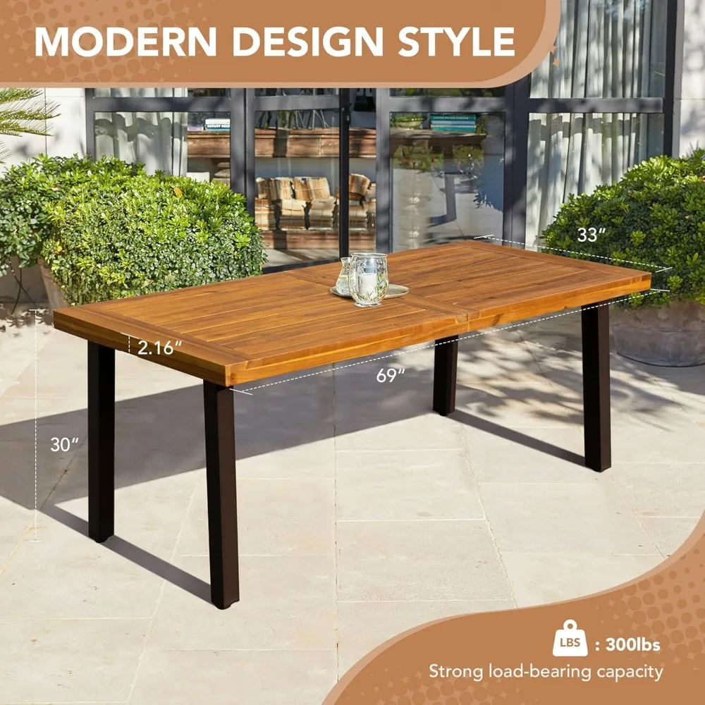 Acacia Wood Dining Table 6-Person Indoor Outdoor Table with Iron Legs, Sandblast Finish, Rustic Metal, 69 * 33 * 30 Inch