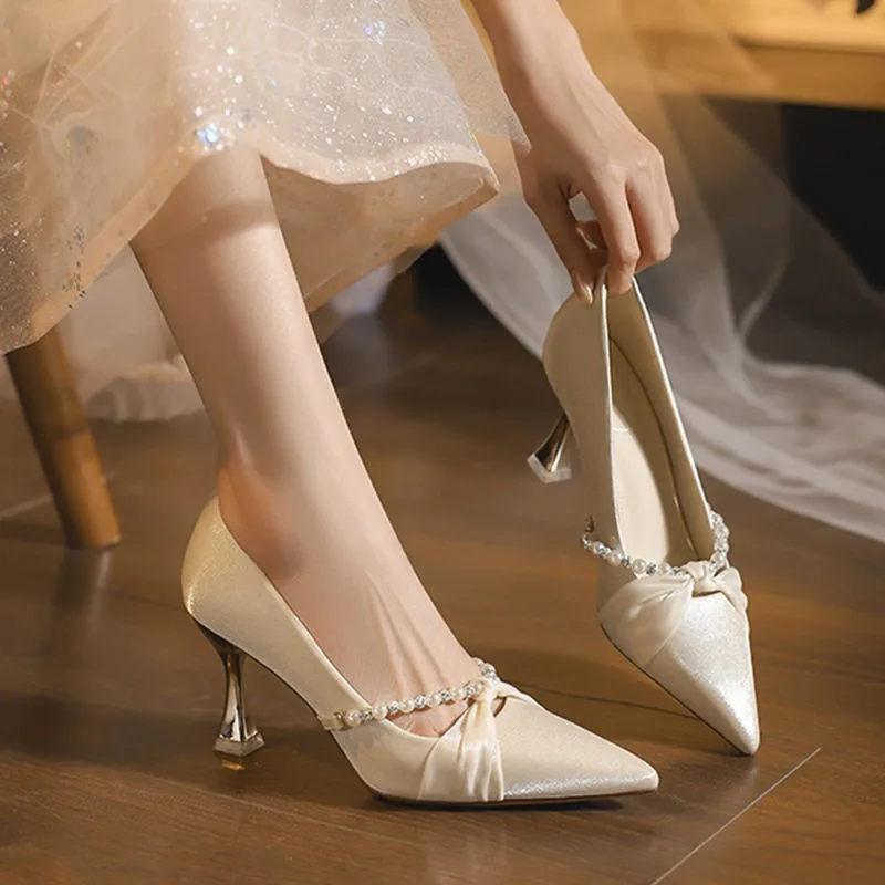 

Satin High Heels Women's 2026 New Pointed Toe Daily Versatile Non-tiring Feet Single Shoes