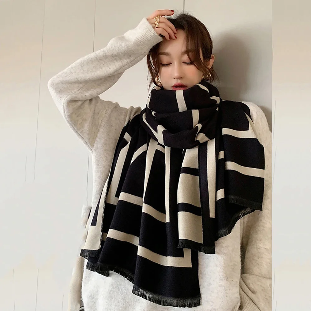 

Fashion Stripes Jacquard Faux Cashmere Scarf Spring Summer Shawl Women Winter Warm Neckerchief Double Sides Versatile