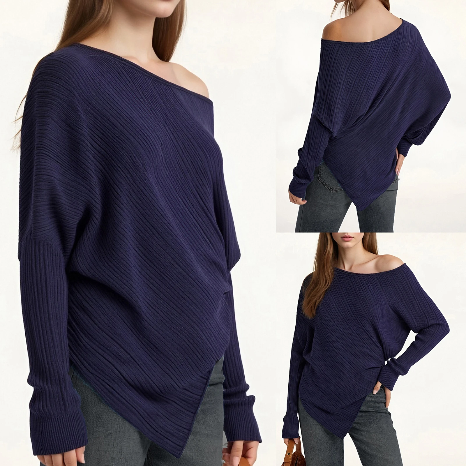 

Новый женский свитер с открытыми плечами, однотонный асимметричный вязаный топ с вырезом лодочкой и длинными рукавами на весну, зиму и осень
