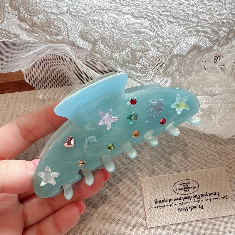 YHJ Blue Ocean Series Hair Claw Acetate Claw Clip DIY Starfish Diamonds Hair Clip Shark Clip Hair Accessories for Women Girls