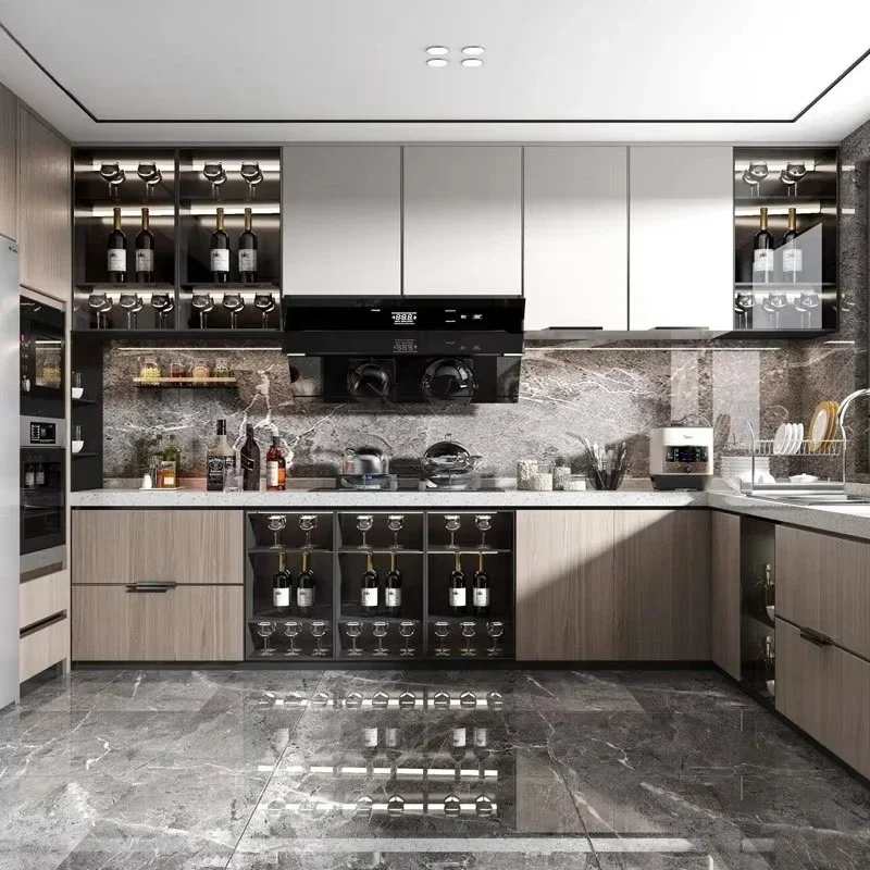 Modern Kitchen Cabinet Set with White Shaker Cabinets Grey Walls Wooden Strips And High Chairs Warmth Added to Kitchen Design