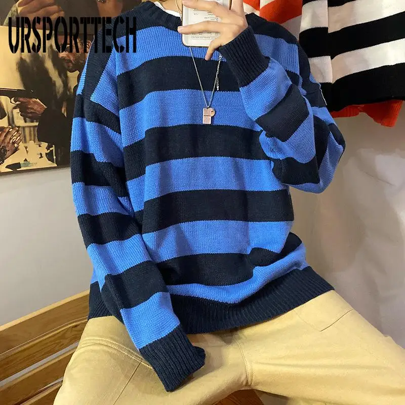 

Sweater Men Oversized Striped Knit Pull Homme Male Knitted Sweater Pullover Jumper Casual Streetwear Women Couple Sweaters