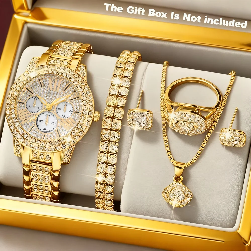 6PCS Luxury Rhinestone Women Watch Jewelry Set Analog Quartz Wristwatch Bracelet Necklace Ring Earrings Gifts (Without Box)