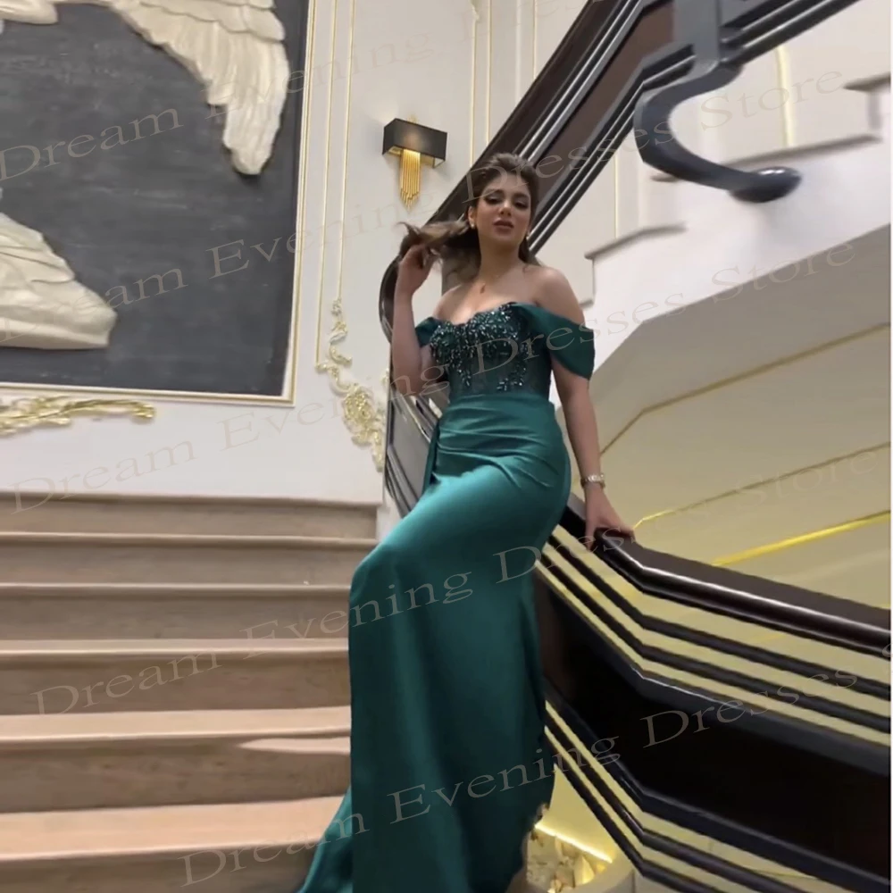 Sexy Modest Green Women's Mermaid Classic Evening Dresses Charming Off The Shoulder Beaded Prom Gowns Split فساتين حفلة موسيقية