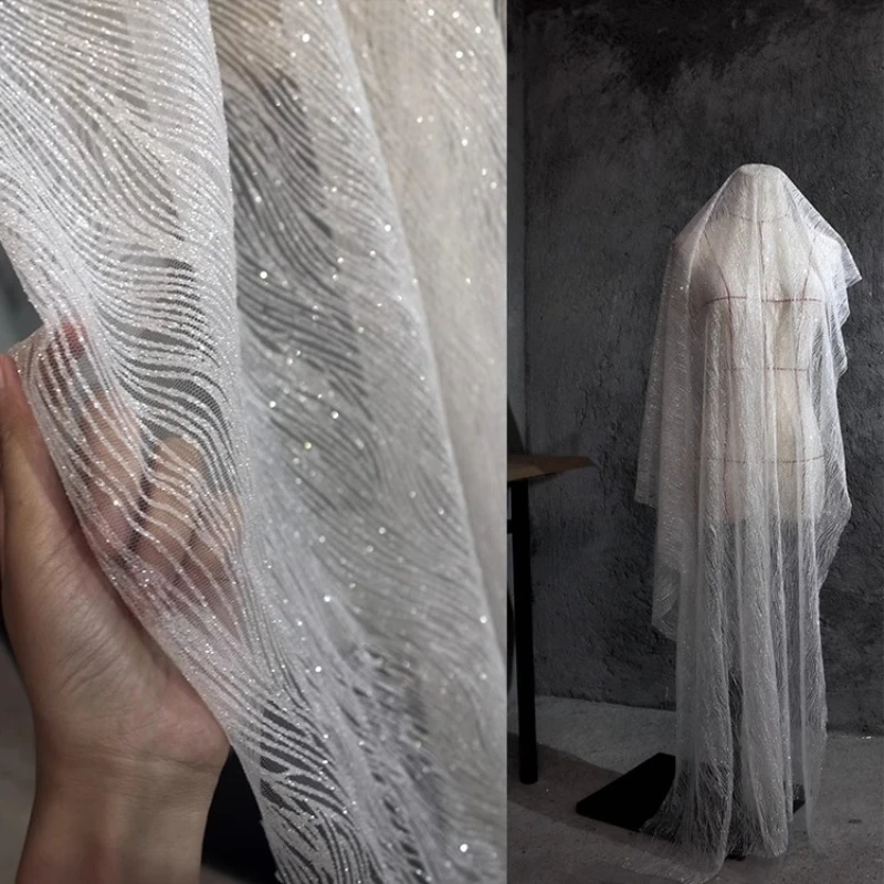 

Сверкающее горячее тиснение, прозрачная сетчатая ткань, белое платье, свадебная фата, украшение ручной работы, дизайнерская ткань для одежды «сделай сам»