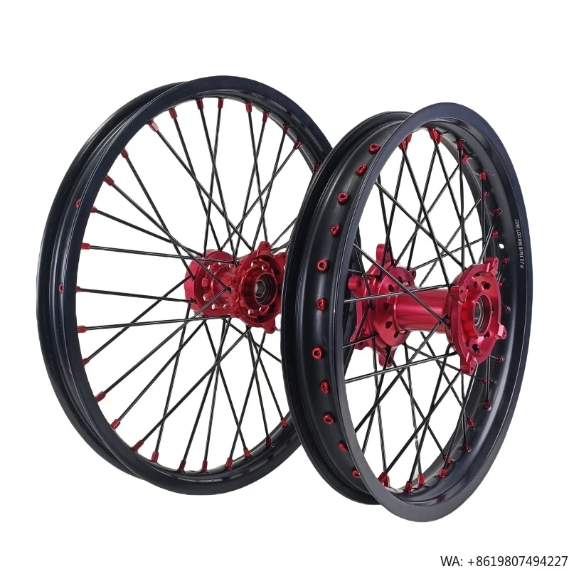 

Motorcycle 21/18 Enduro Spoked Wheels & Rims Set Compatible With CRF250R CRF450 2004-2018 Red Hub