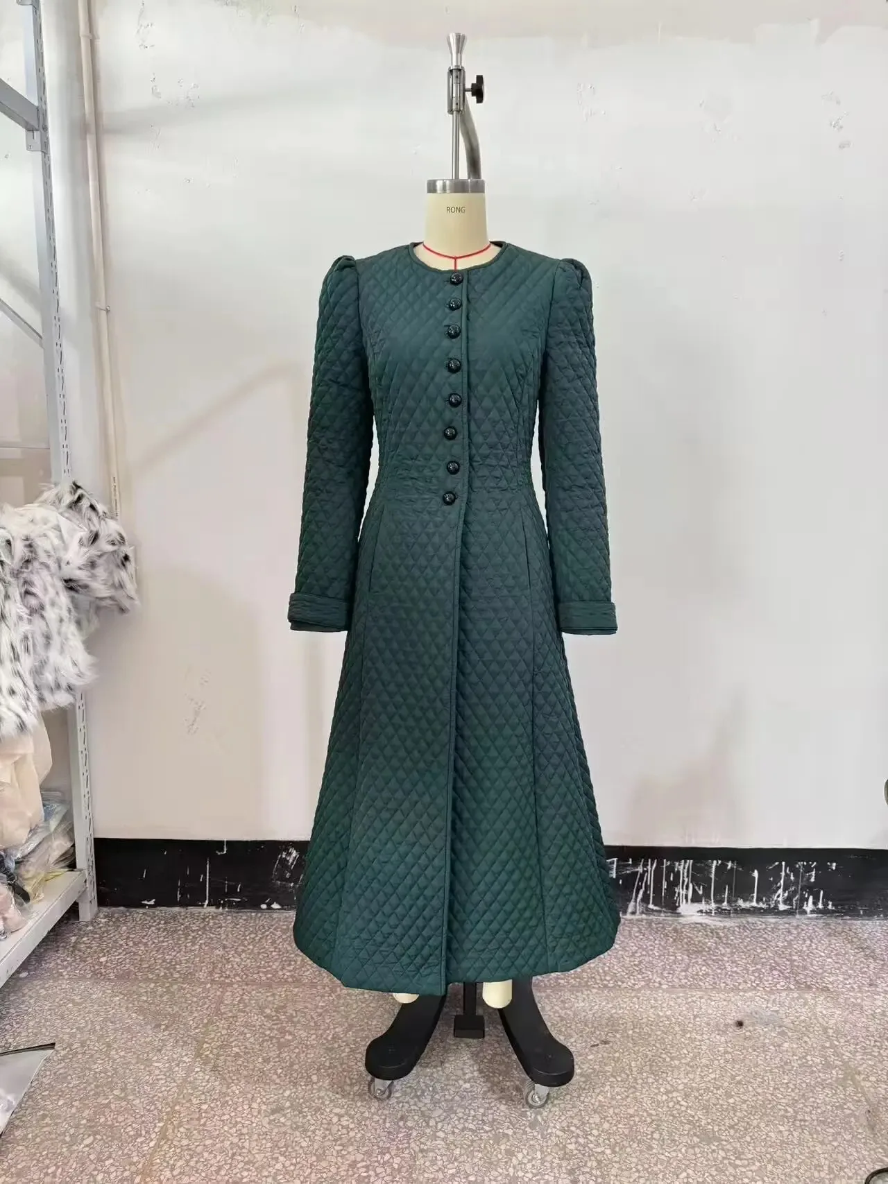 HH Women's Autumn Long Needle Small Diamond Plaid Quilted Embroidered Waist Slim Jacket Female Single Breasted Thermal Coat