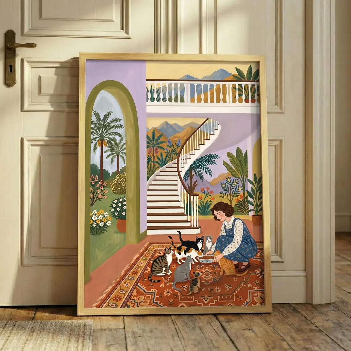 Cat Lady Wall Art Print, Woman Feeding Cats Decor Painting, Cozy Poster, Whimsical Artworks for Living Room Bedroom Office