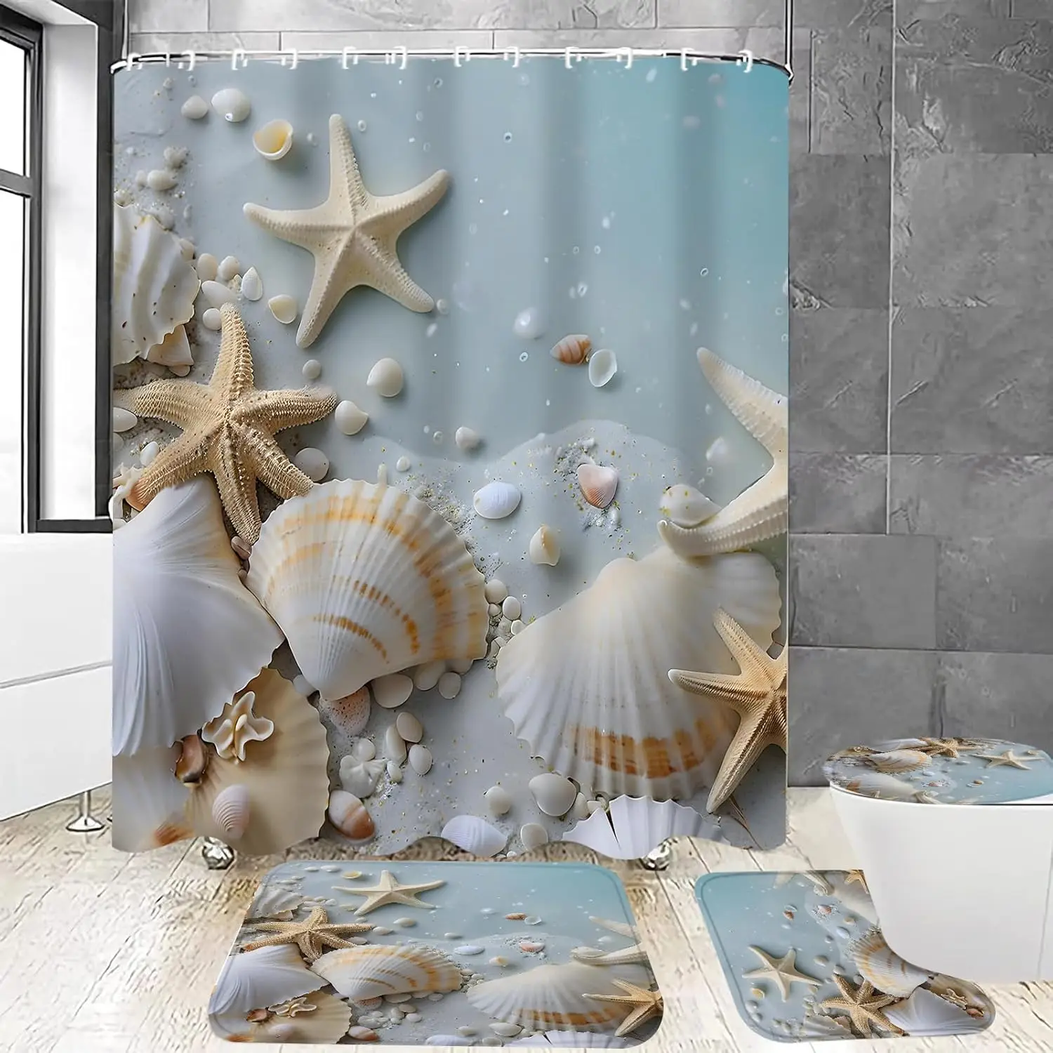 

Seashell Starfish Close Up Shower Curtain Coastal Beach Theme Print for Bathroom Decor