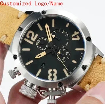 Совершенно новый мужской кварцевый хронограф, модная спортивная лодка, Relogio Masculino, новые коровьи черные кожаные U-часы U72, коричневые по индивидуальному заказу