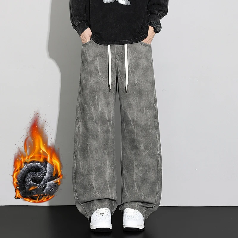2026 Men's Loose Cotton Pants Fashion Brand Clothing Men Straight Casual Fleece Trousers Printed Vintage Streetwear Warm Pants