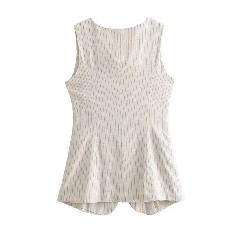 เสื้อกั๊กผ้าลินินผสมฝ้ายลายทางยาวสำหรับผู้หญิง ฤดูใบไม้ผลิ/ฤดูร้อน 2024 รุ่นอเนกประสงค์ คุณภาพดี แฟชั่น 2276