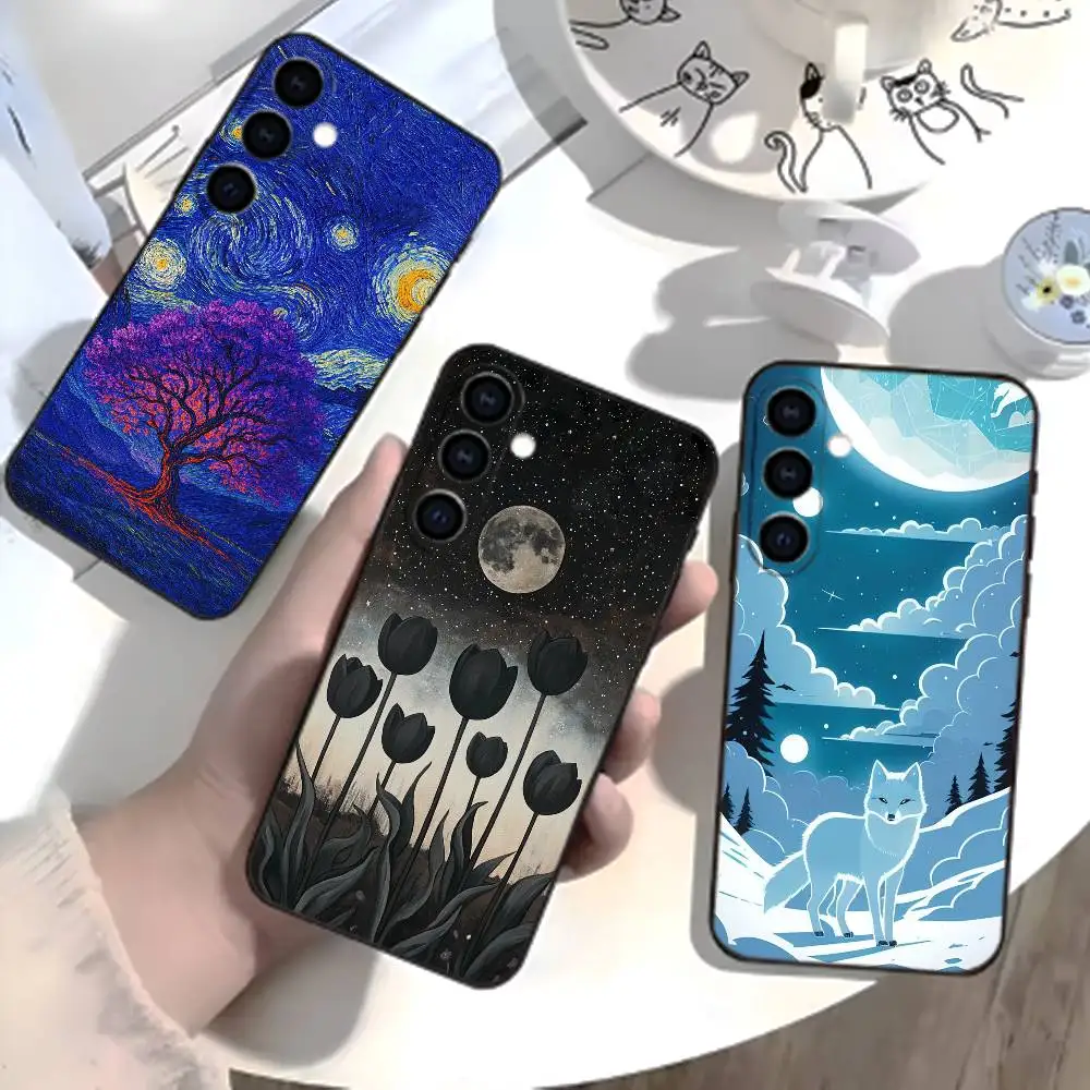 

Starry Night Whimsical landscape Phone Case For Samsung Galaxy A73,21,22,32,71,53,52,51,80,5G Soft Black Cover