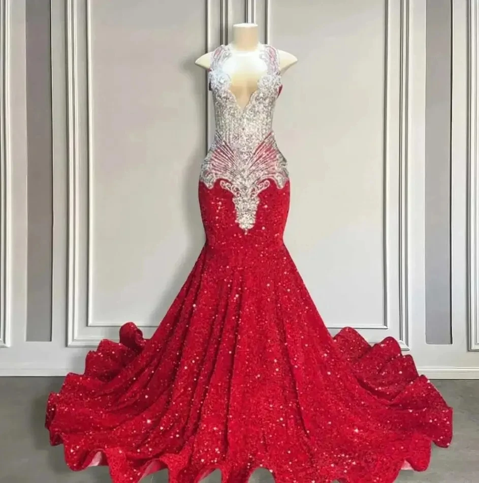 

Sparkly Red Sequin Mermaid Prom Dresses 2024 Luxury Silver Crystal Beaded Sheer Neck Long Formal Party Evening Gowns for BlackYD
