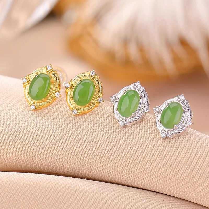 

S925 Sterling Silver Gold-Plated Hetian And Bi Jade Cabochon Earrings-Shaped Ear Jewelry
