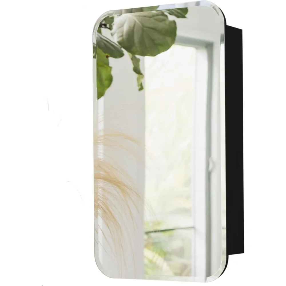 

Black Farmhouse Bathroom Medicine Cabinet With Frameless Bevelled Edge Mirror, Surface Mount Or Recessed - 16" x 24", Small Stor