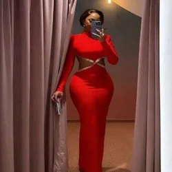 Women's Diamond Hollow Out Bandage Maxi Dress, Sexy High Neck, Long Sleeve, Elegant Celebrity Party Dresses, New, Luxury