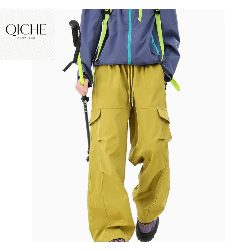 QICHE Bright Yellow Waterproof Outdoor Trousers Unisex Elastic Waist 3D Pocket Loose Floor Wide Leg Workwear Pants