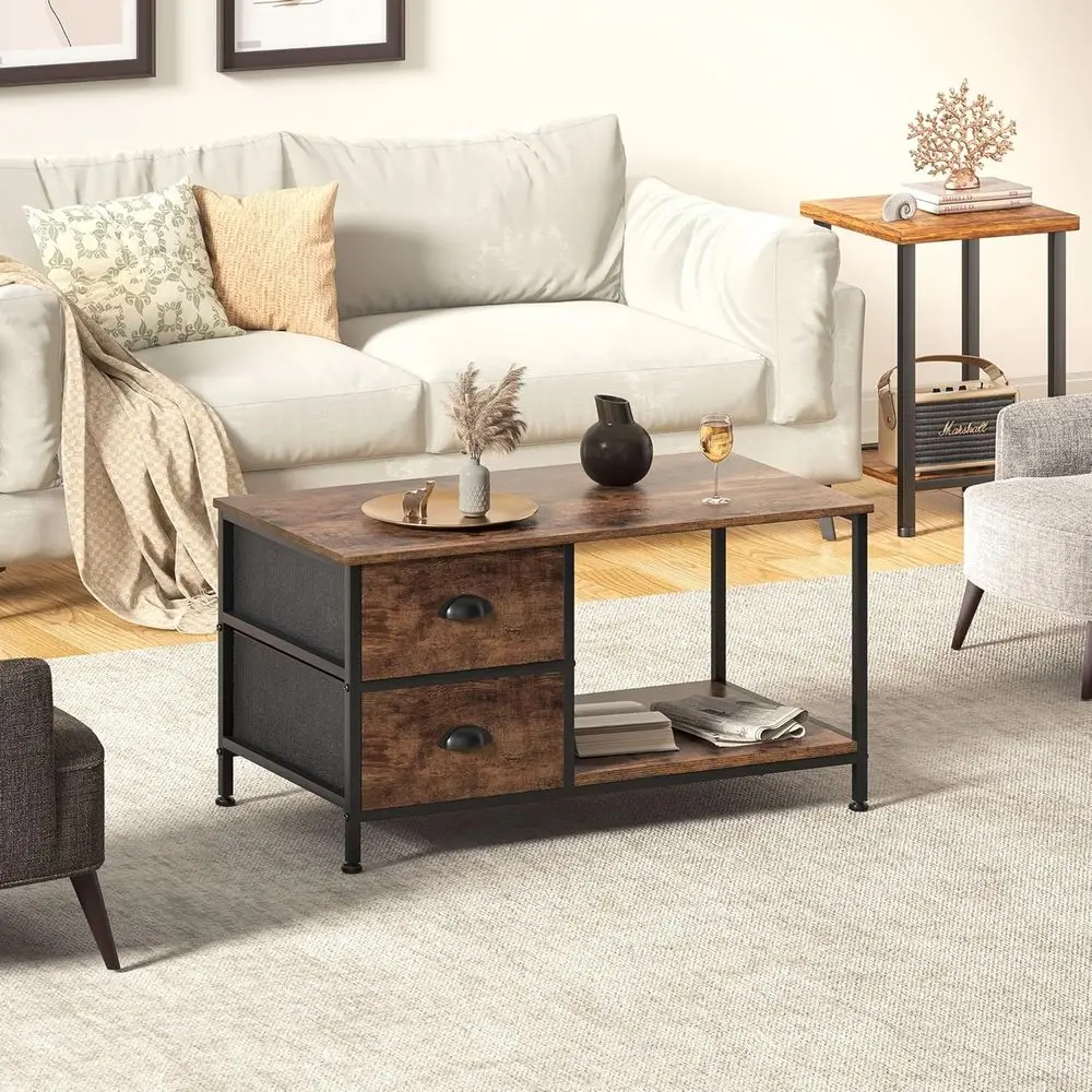 Storage Drawer Coffee Table for Living Spaces, 2-Tier Brown Wood Rectangular Table, Metal Accent Side Table