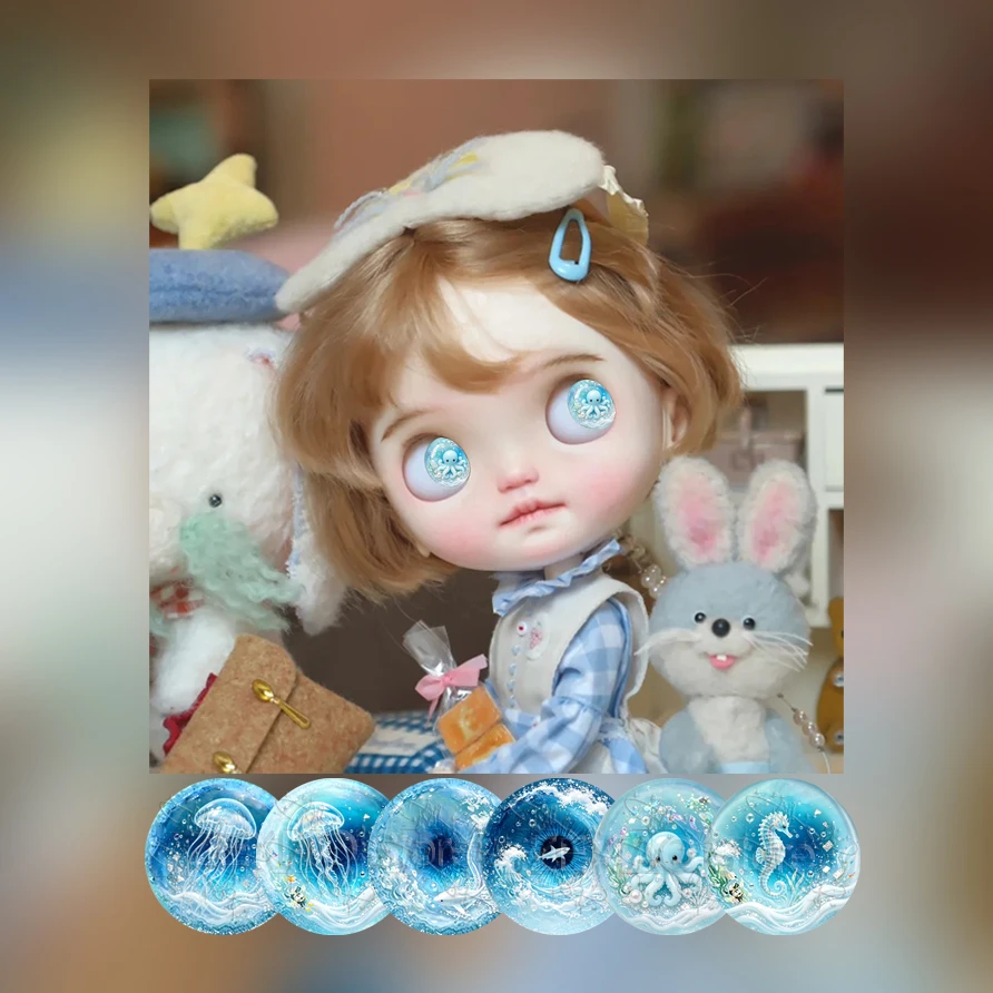 Blythe BJD Doll Eye Chips Glass Cabochon Eyes Ocean Theme Jellyfish Octopus Seahorse Wave Pattern Eye Doll Accessories MS17