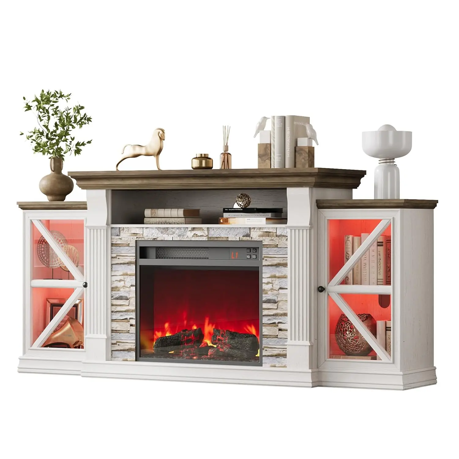 Modern Farmhouse 70 Inch Entertainment Center Electric Fireplace TV Stand With Open Shelf Glass Barn Door Cabinet