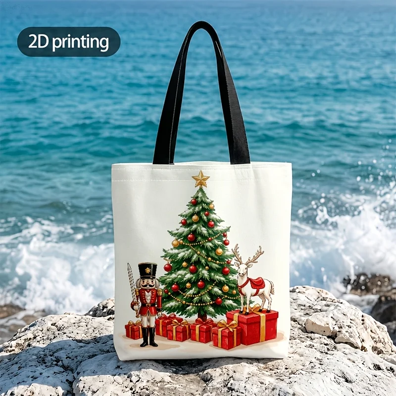 Christmas Tree Nutcracker Reindeer Canvas Tote Bag Xmas Gift Box Bauble Print Large Capacity Handbag Reusable Bag Holiday Gift